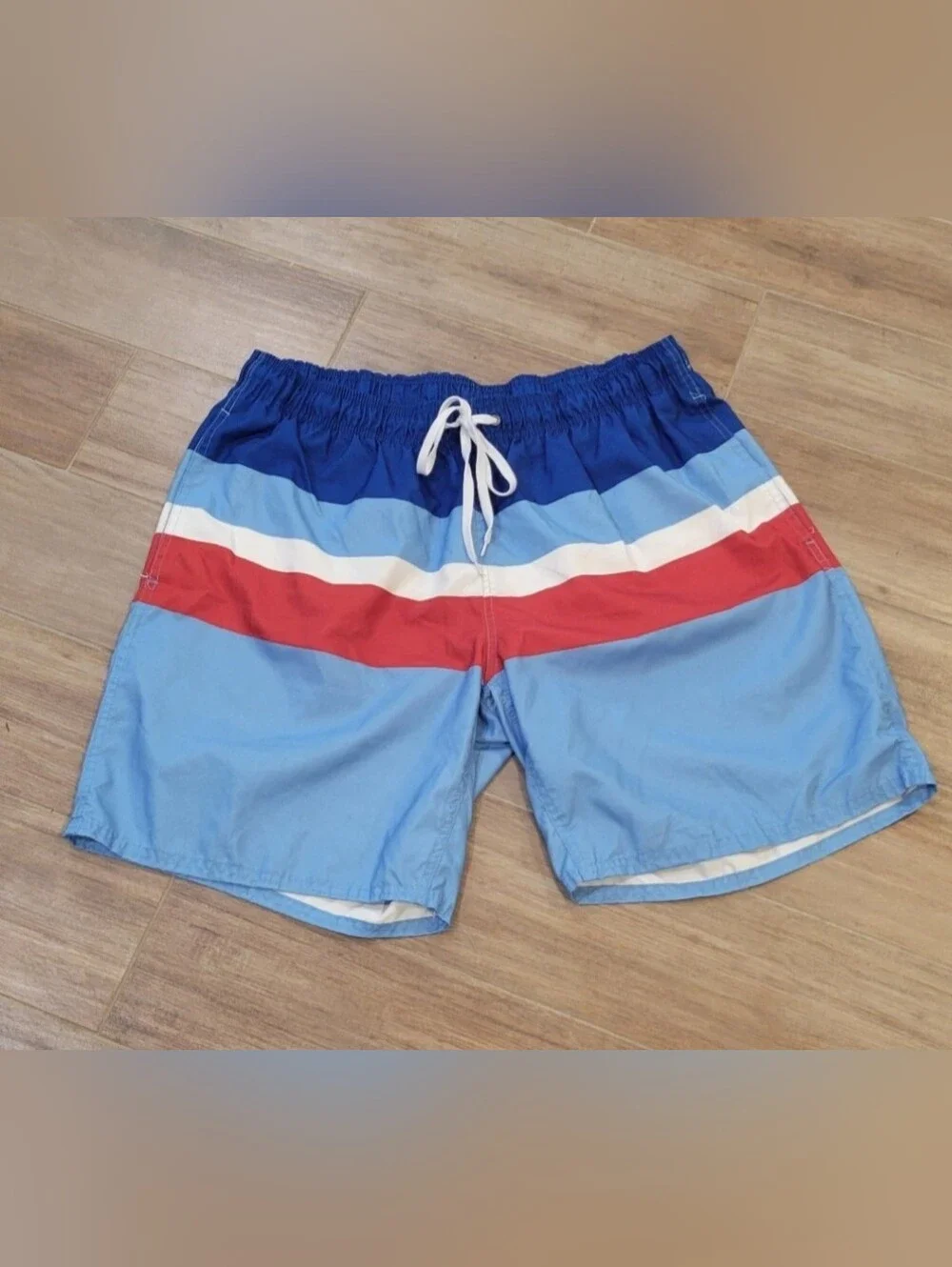 Mens Swim Short Trunks Board Elastic Waist, Pockets L Quick Dry Tropical/Patriot